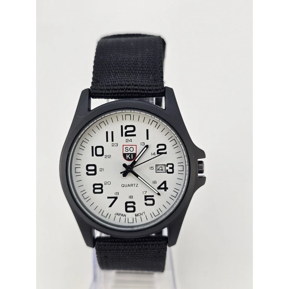 41MM Field Men Analog Watch White Dial Date Black Canvas Nylon Bands New Battery